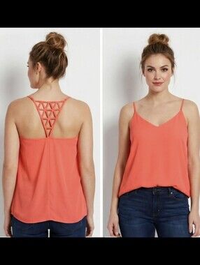 Wells Grace Neon Coral Cami Top with Geometric Strappy Back Detail, Size M